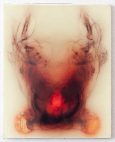 “Every Angel is Terror”, 20″ x 16″, silk and encaustic on panel, 2014