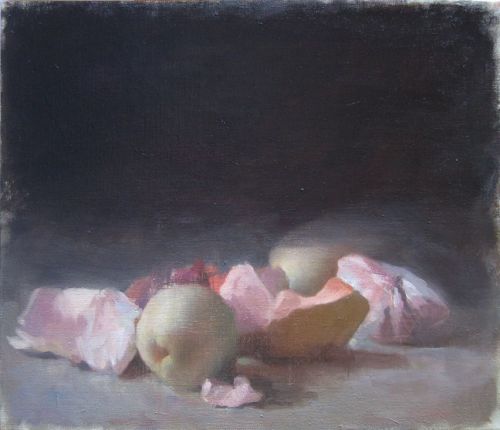 Karl Koett (assists Yigal Ozeri), Peeled Fruit and Pear, 16”x19”, oil on linen, 2012
