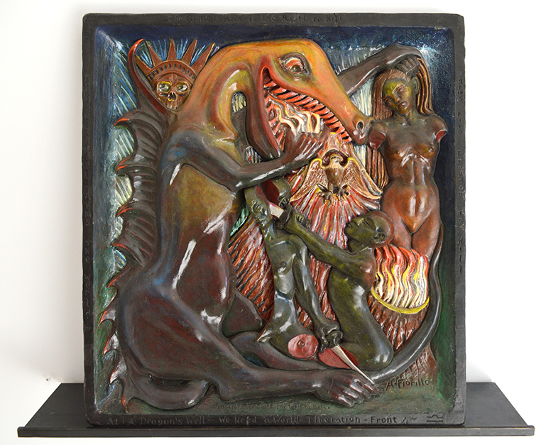 A. Fiorello, Budgets Measure the Will to Kill, painted, carved plaster 19 x 20 2/4, c. 1960-1980
