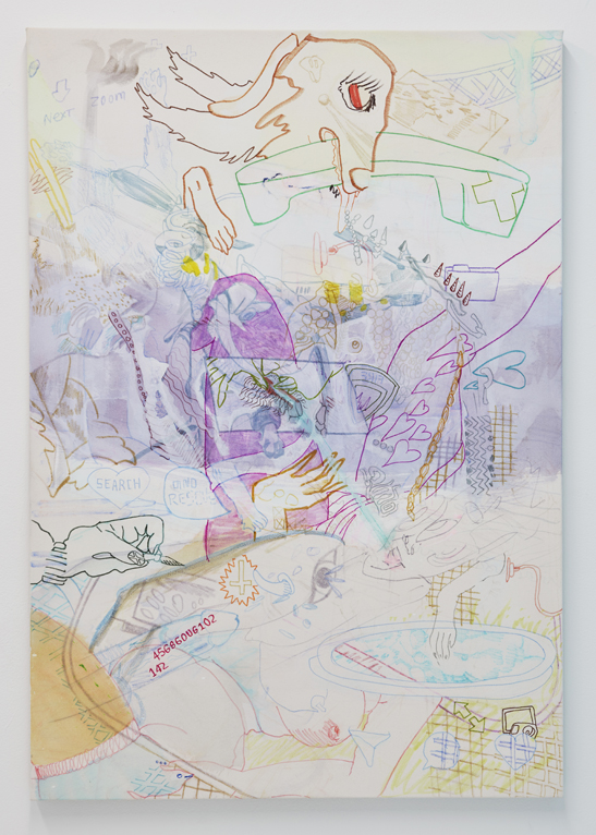 Zoom, 2017. Watercolor, marker, gouache, acrylic on canvas